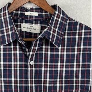 Hawker Rye Slim Fit Dress Shirt Men's XLT Tall Dark Blue Plaid Button Down Crisp